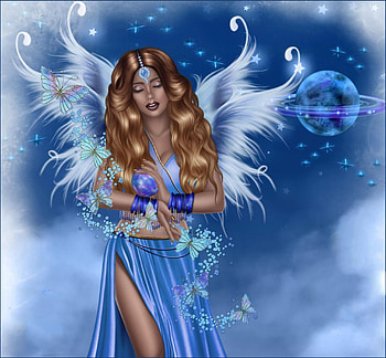 BLUE MOON FAIRY, WINGS, DRESS, BUTTERFLIES, FEMALE, MOON, FAIRY, BLUE HD wallpaper