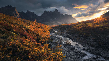 The Lost Realm of the North - Ogilvie Mountains, river, yukon, valley, peaks, clouds, landscape, sky, canada HD wallpaper