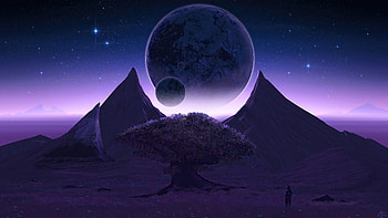 3 planets meets, fantasy, tree, landscape HD wallpaper