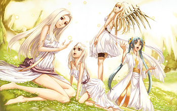 Fate Stay Night, barefoot, kikokugai, carnevale della luce della luna, yellow eyes, ruili, ribbons, red eyes, blue hair, dress, purple eyes, illyasviel von einzbern, white hair, blonde hair, anna HD wallpaper
