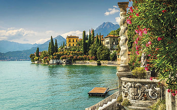Varenna, Lake Como, trees, flowers, italy, nature, mountains, village HD wallpaper