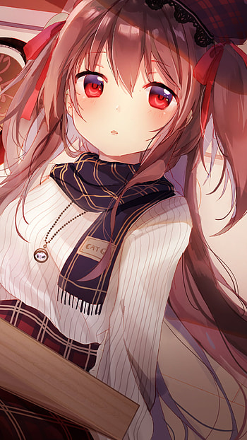 necklace, scarf, red eyes, twintails, long hair, brown hair, Anime, girl, anime girl HD phone wallpaper