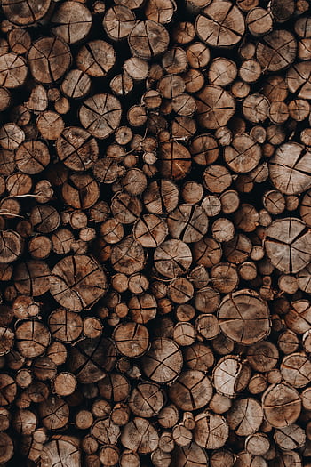 A close-up view of stacked rustic logs showing detailed wood grain and texture. HD phone wallpaper