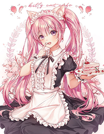 kitty cat cake maid ✿, catgirl, pastel, pink, strawberry, sweet, animegirl HD phone wallpaper
