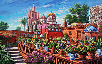 Entre macetas de colores - Mexican Town, artwork, buildings, flowers, pots, painting HD wallpaper