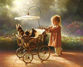 Tenderness, dog, puppy, garden, girl, carriage, sunset, innocence HD wallpaper