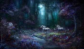Flying to the Whitewood, blue, bjpentecost, pink, frumusete, fantasy, unicorn, luminos, forest HD wallpaper