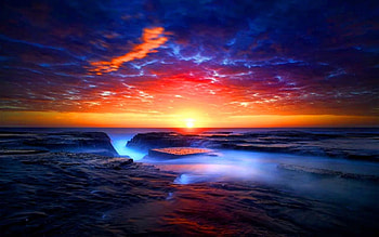 Paradise, blue, nature, orange, sunset HD wallpaper