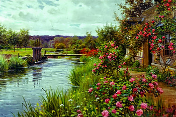 Painting, river, sky, house HD wallpaper