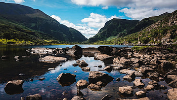 The Gap of Dunloe, County Kerry, Ireland, trees, clouds, sky, rocks, mountains, lake, stones HD wallpaper