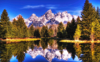 Landscape, grass, spring, lake, reflection, clouds, trees, nature, sky, mountains HD wallpaper