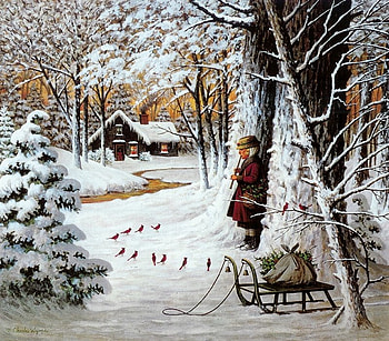Winter season, winter, painting, art, snow, nature, ice, tree HD wallpaper