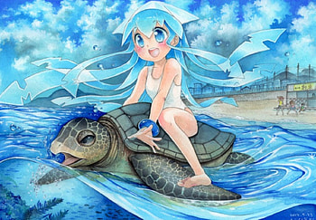 Along with the Turtle, sweet, sea, scene, girl, nice, anime girl, kawaii, turtle, anime, pretty, sky, adorable, water, lovely, ocean, female HD wallpaper