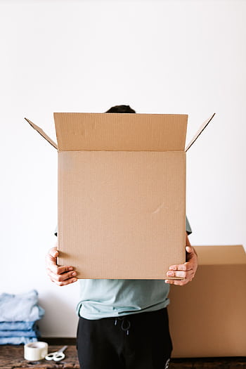 Faceless individual holding an open cardboard box during a home move. HD phone wallpaper