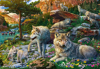 Wolves in Spring, artwork, painting, pups, trees, nature, flowers, wolfpack HD wallpaper