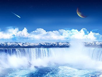 waterfalls in the sky, blue, skies, comet, landscape, beautiful, artistic, blue sky, moon, waterfall, clouds, nature, mountains, water HD wallpaper
