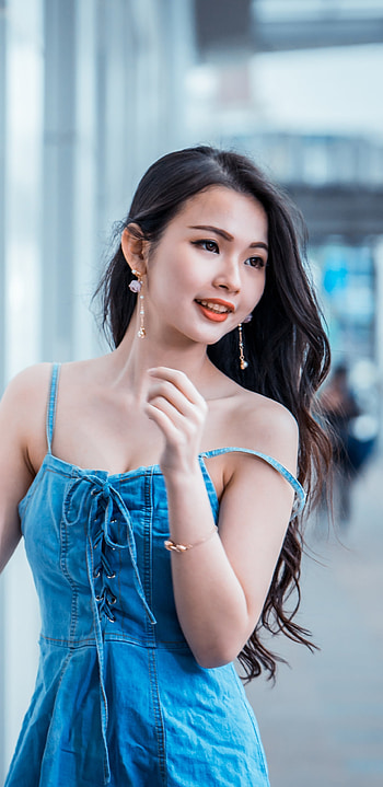 black hair, lipstick, blue dress, model, woman, asian HD phone wallpaper