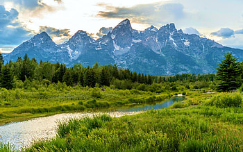 Cloudy Evening in Grand Teton National Park, Wyoming, river, snake, clouds, landscape, sky, mountains HD wallpaper