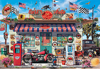 Earl's Auto, painting, car, store, motorcycle, flags, gas station HD wallpaper