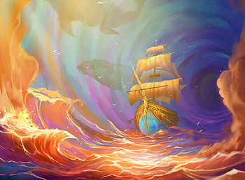 Ship, blue, frumusete, art, orange, summer, fantasy, bianca morelos, luminos, vara HD wallpaper