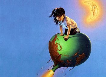 Smart child!, , , chinese, flying, earth, pic, moon, fantasy, smart, balloon, wall, child HD wallpaper