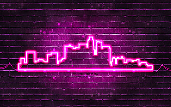 Los Angeles purple neon silhouette, , purple neon lights, Los Angeles skyline silhouette, purple brickwall, american cities, neon skyline silhouettes, USA, Los Angeles silhouette, Los Angeles HD wallpaper