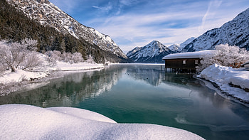 Mountain Lake at Tyrol, Austria, mountains, cabin, snow, winter, landscape, trees HD wallpaper