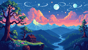 Pixelated Home Among The Stars, 8-bit, house, mountains, stars, star, trees, purple, sky, moon, landscape, artist, artwork, art, digital-art, ai, deviantart HD wallpaper