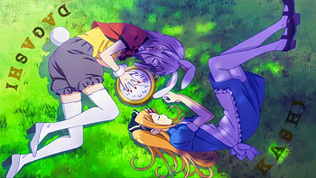 Clock, Dagashi Kashi, Anime, Apron, Blonde, Blue Dress, Bracelet, Bunny Ears, Dress, Endou Saya, Grass, Headband, High Heels, Long Hair, Pantyhose, Piercing, Purple Hair, Shidare Hotaru, Shorts, Sleeping, Tail, Thigh Highs HD wallpaper