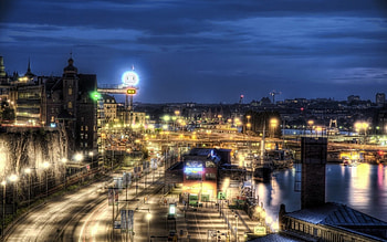 city waterfront late at night r, night, city, lights, r, waterfront, highway HD wallpaper