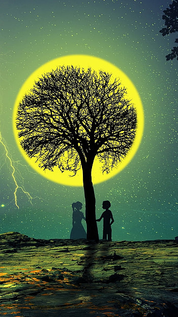 Anime Couple in Love, tree, moon, night, couple, Anime, love, anime couple, anime night HD phone wallpaper