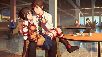 Food, Blush, Anime, Your Name, Brown Hair, Cake, Green Eyes, Mitsuha Miyamizu, Ponytail, Ribbon, School Uniform, Skirt, Smile, Socks, Taki Tachibana, Tie, Yellow Eyes HD wallpaper