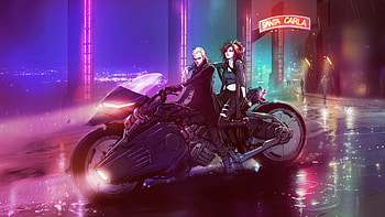 Neon Night Riders, artist, artwork, digital-art, cyberpunk, biker, anime-girl, neon, cityscape, artstation HD wallpaper