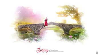 Spring, fantasy, art, red, bridge, girl HD wallpaper