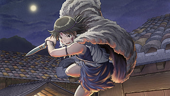 San, night, princess mononoke, cute, tattoo, roof, fur, 3d, moon, cg, short hair, rapier, roof top, warrior, cloud, female, sexy, sword, house, hot, girl, black hair, mononoke, blade, anime girl, anime, building, view, weapon, fighter, sky, realistic HD wallpaper