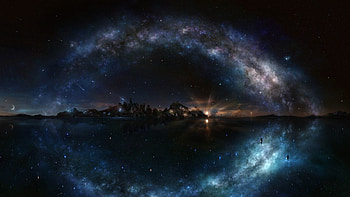 night, starry sky, shine, water, island, rock, galaxy HD wallpaper