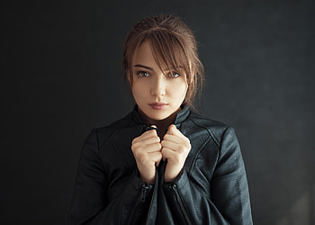 Brunette, woman, leather jacket HD wallpaper