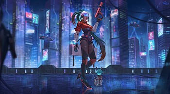 Cyberpunk Female Warrior In City, cyber, samurai, cyberpunk, warrior, cat, artist, artwork, art, digital-art, deviantart HD wallpaper