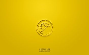 Breakfast 3d icon, yellow background, 3d symbols, Breakfast, hotel icons, 3d icons, Breakfast sign, hotel 3d icons HD wallpaper