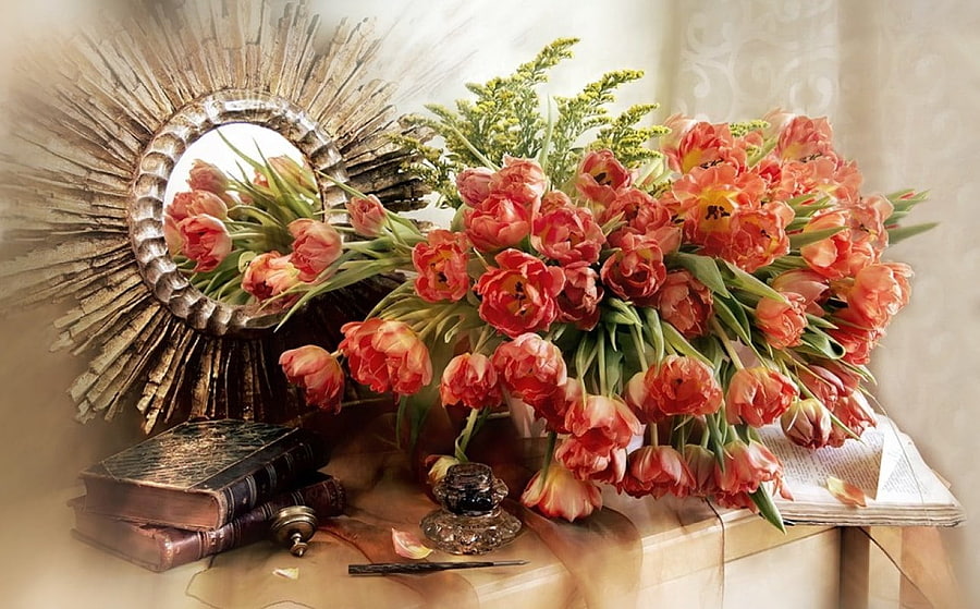 Beautiful tulips, mirror, colorful, bouquet, soft, beautiful, tulips, spring, fresh, beauty, still life, books, pink, petals, red, flowers, vintage HD wallpaper