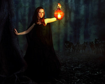 Dark forests, woods, lights, lamp, forests, woman HD wallpaper
