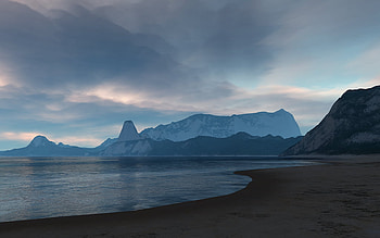 Walking alone, sea, blue sky, cg, dark beach, mountains HD wallpaper