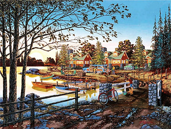 Away from it all, river, path, car, house, people, artwork, bicycle, boats, bridge HD wallpaper