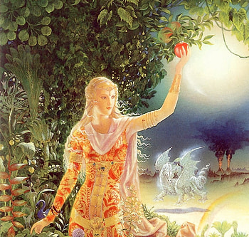 Biting the sun, fantasy, art, red, apple, fruit, mar, girl, kinuko y craft, yellow HD wallpaper