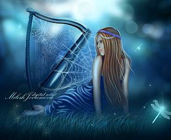 Midnight Harp, blue, lady, fantasy, midnight, harp HD wallpaper