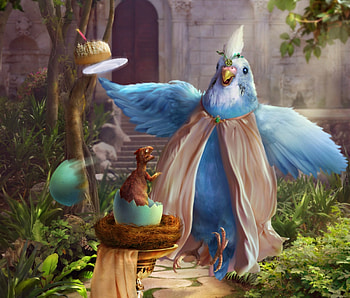 A marred celebration at madame Perruche's House, blue, egg, cute, pasare, ganusia, cake, dino, a marred celebration at madame perruches house, fantasy, candle, green, birtay, luminos HD wallpaper