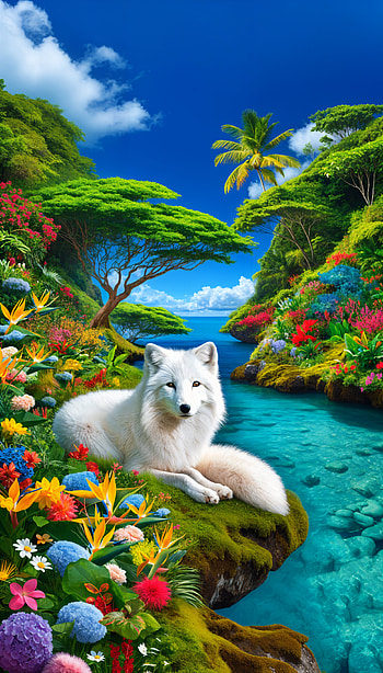 Arctic Fox Serenity: A Vibrant , Animal, wolf, tropical landscape, flower HD phone wallpaper
