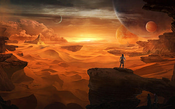 The Guardian, sand, guardian, man, orange, rock, planet, fantasy, yellow, desert, sun HD wallpaper