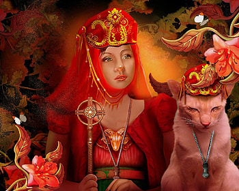~Cat & Princess~, digital art, wonderful, crown, lady, butterfly, butterfly designs, elegance, model, weird things people wear, cat, beautiful, backgrounds, creative pre-made, woman, love four seasons, fantasy, manipulation, softness beauty, flowers, princess HD wallpaper