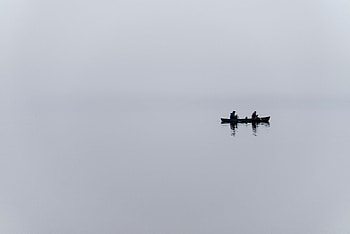 Lake, Fog, Minimalism, Grey, Boat HD wallpaper